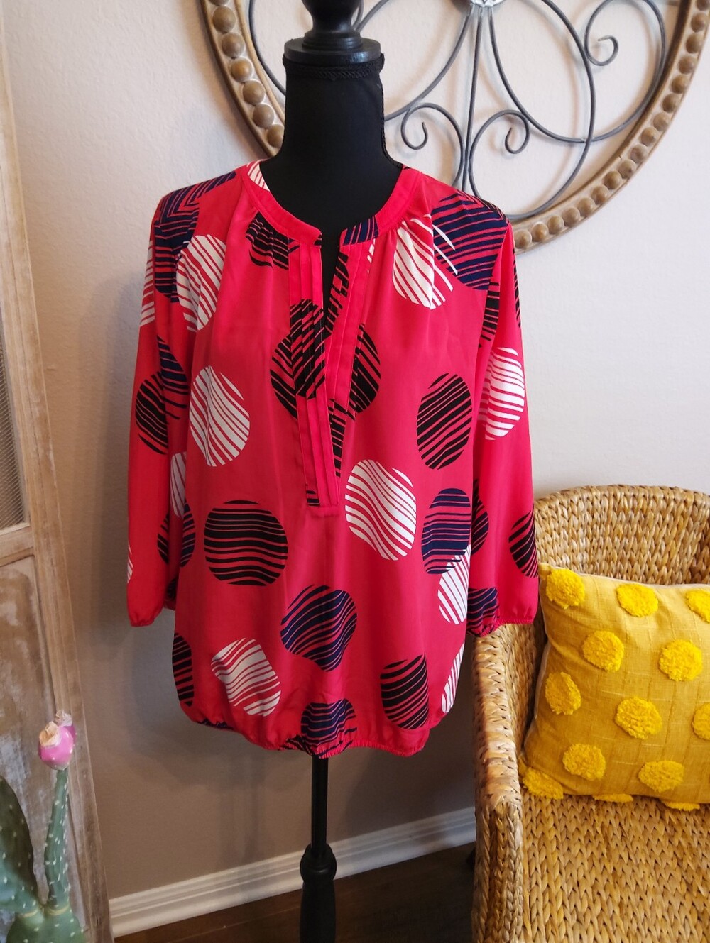 Dana Buchman Red and Black Polka-Stripe Henley Tunic